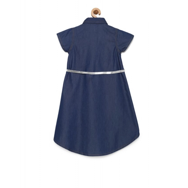 Girl's Denim Solid Short Sleeve Shirt collar Dress (Blue)