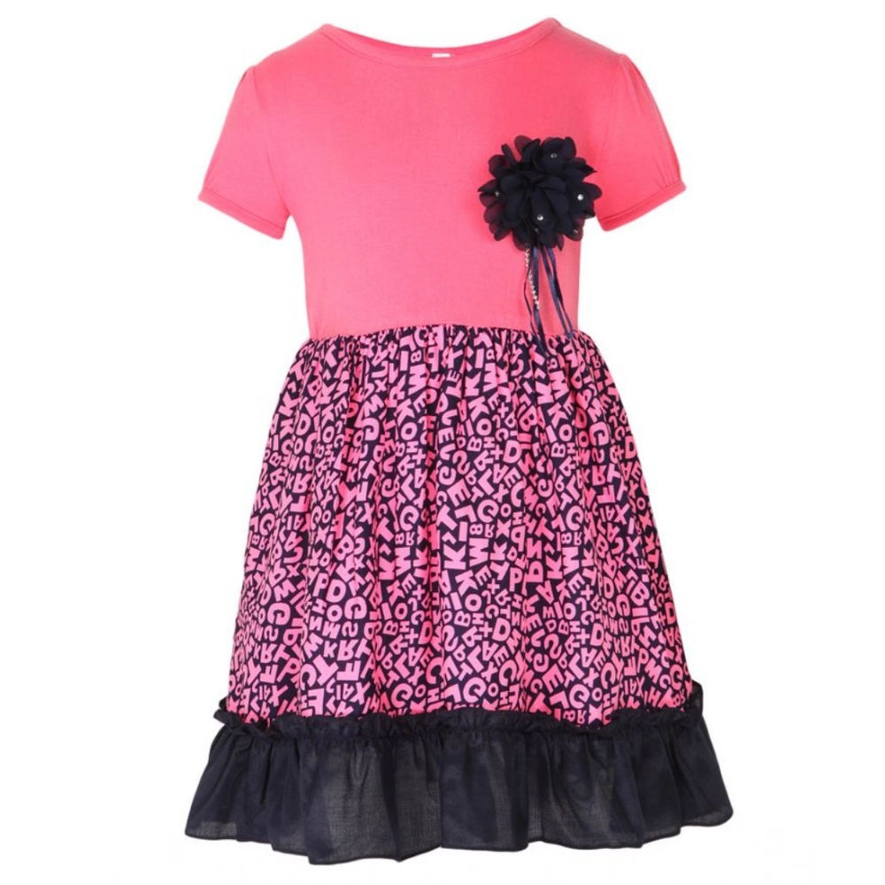 Generic Girl's Polyester Crepe Embellished Short Sleeve Round Neck Dress (Pink) Generic Girl's Polyester Crepe Embellished Short Sleeve Round Neck Dress (Pink)