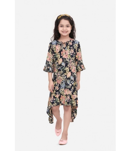 Generic Girl's Rayon Striped Bell Sleeve Round Neck Dress (Multicolor)