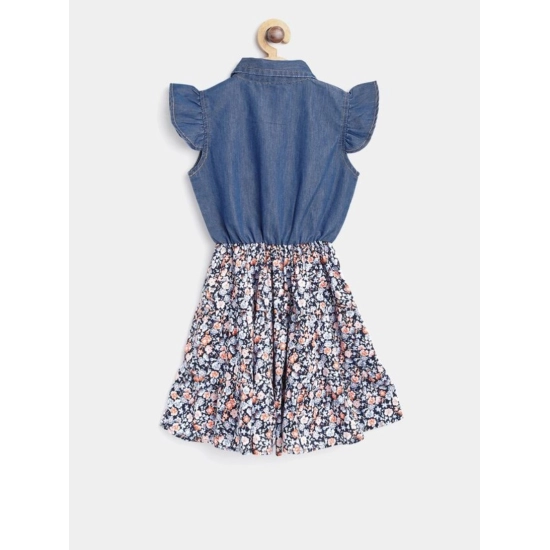Generic Girl's Denim-Cotton Striped Flutter Shirt Collar Dress (Multicolor)
