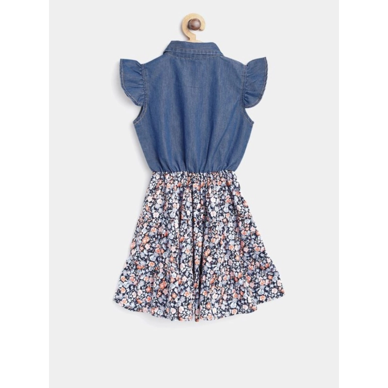 Girl's Denim-Cotton Striped Flutter Shirt Collar Dress (Multicolor)