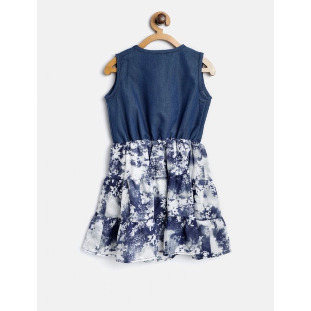 Generic Girl's Denim-Polyester Crepe Solid Sleeveless Round Neck Dress (Blue-White) Generic Girl's Denim-Polyester Crepe Solid Sleeveless Round Neck Dress (Blue-White)