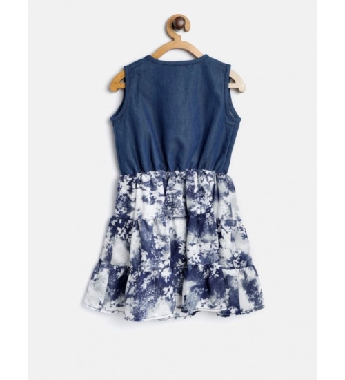 Generic Girl's Denim-Polyester Crepe Solid Sleeveless Round Neck Dress (Blue-White)