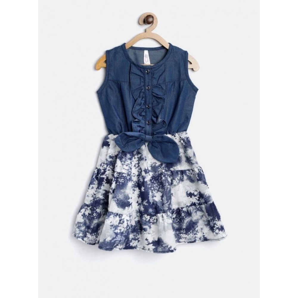 Generic Girl's Denim-Polyester Crepe Solid Sleeveless Round Neck Dress (Blue-White) Generic Girl's Denim-Polyester Crepe Solid Sleeveless Round Neck Dress (Blue-White)