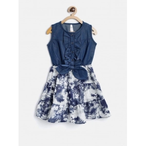 Generic Girl's Denim-Polyester Crepe Solid Sleeveless Round Neck Dress (Blue-White)
