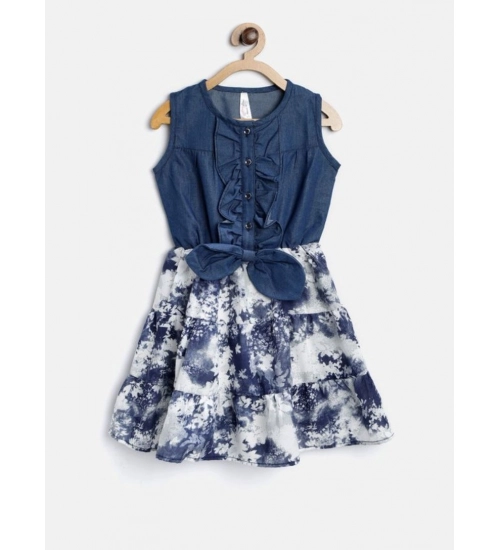 Generic Girl's Denim-Polyester Crepe Solid Sleeveless Round Neck Dress (Blue-White)