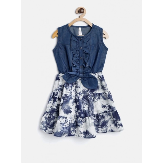 Generic Girl's Denim-Polyester Crepe Solid Sleeveless Round Neck Dress (Blue-White)