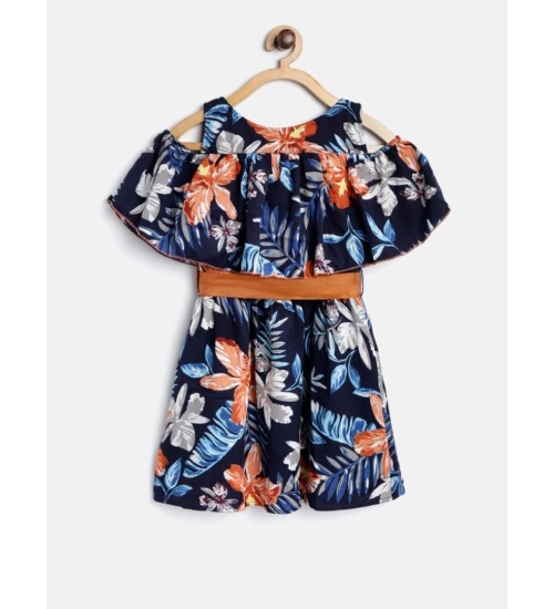 Generic Girl's Polyester Crepe Floral Printed Bell Sleeve Cold Shoulder Neck Dress (Multicolor)