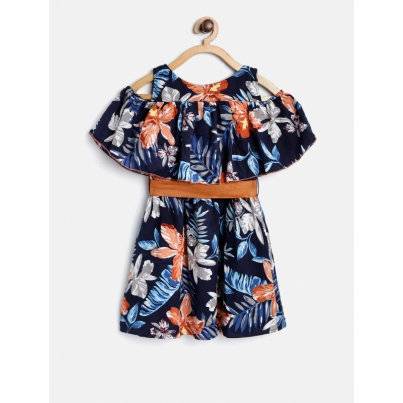 Girl's Polyester Crepe Floral Printed Bell Sleeve Cold Shoulder Neck Dress (Multicolor)