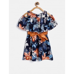 Generic Girl's Polyester Crepe Floral Printed Bell Sleeve Cold Shoulder Neck Dress (Multicolor)