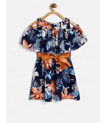 Generic Girl's Polyester Crepe Floral Printed Bell Sleeve Cold Shoulder Neck Dress (Multicolor)