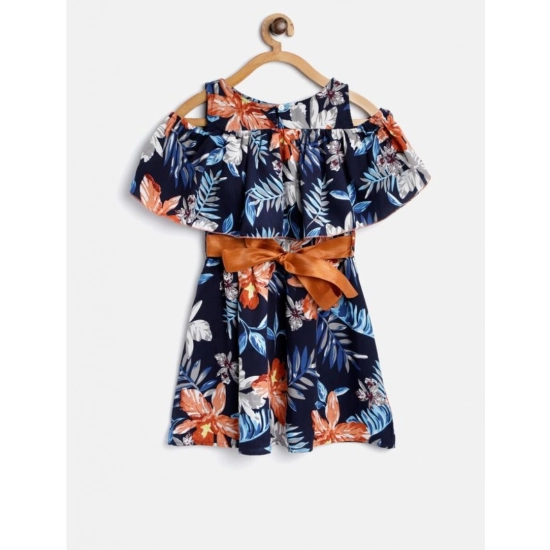 Generic Girl's Polyester Crepe Floral Printed Bell Sleeve Cold Shoulder Neck Dress (Multicolor)