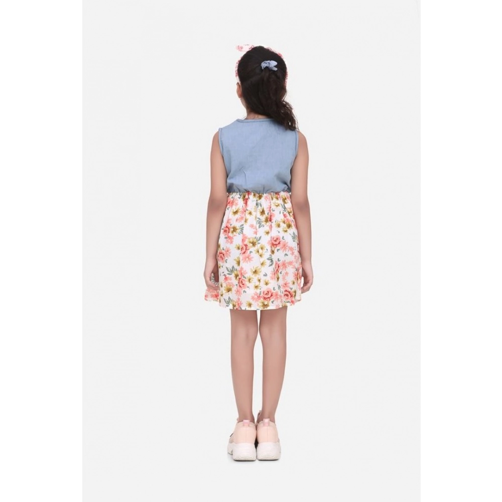 Generic Girl's Denim-Cotton Floral Printed Sleeveless Round Neck Dress (Multicolor) Generic Girl's Denim-Cotton Floral Printed Sleeveless Round Neck Dress (Multicolor)