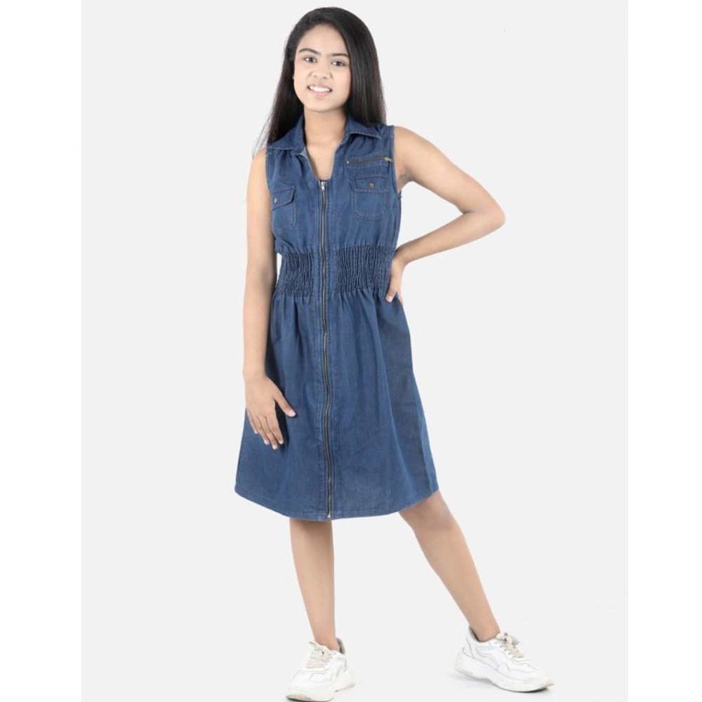 Generic Girl's Denim Solid Sleeveless Shirt collar Dress (Blue) Generic Girl's Denim Solid Sleeveless Shirt collar Dress (Blue)