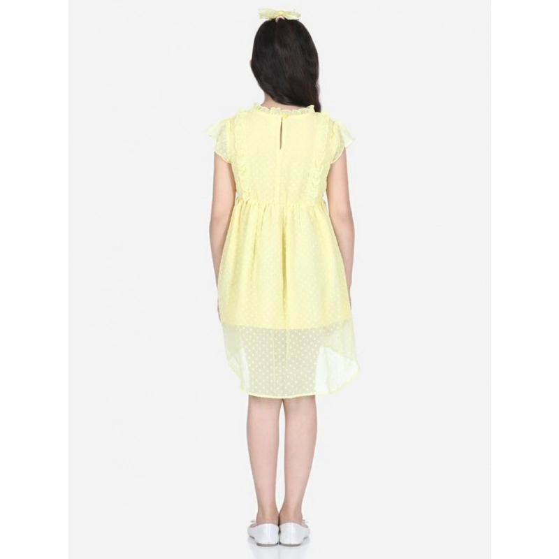 Girl's Polyester Solid Short Sleeve Round Neck Dress (Lemon Yellow)