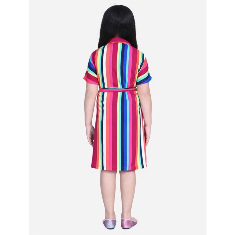 Girl's Polyester Crepe Striped Short Sleeve Shirt collar Dress (Multicolor)