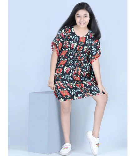 Generic Girl's Polyester Moss Printed Kaftan Sleeve Round Neck Dress (Multicolor)