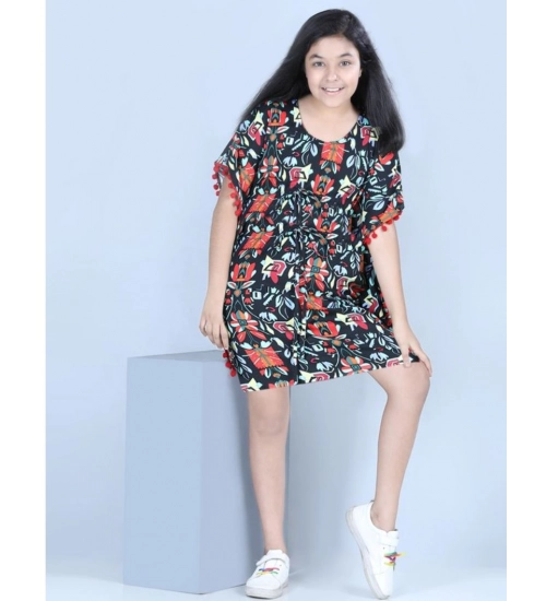 Generic Girl's Polyester Moss Printed Kaftan Sleeve Round Neck Dress (Multicolor)