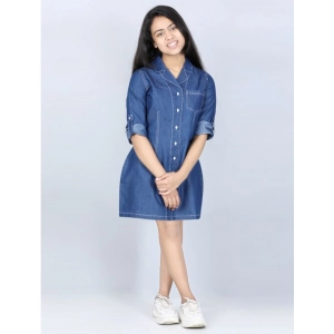 Generic Girl's Denim Solid Long Sleeve Shirt collar Dress (Blue)