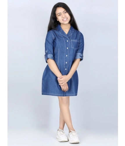 Generic Girl's Denim Solid Long Sleeve Shirt collar Dress (Blue)
