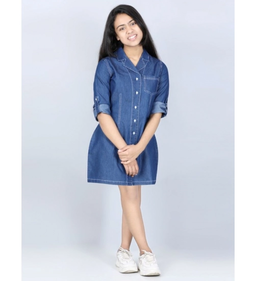 Generic Girl's Denim Solid Long Sleeve Shirt collar Dress (Blue)