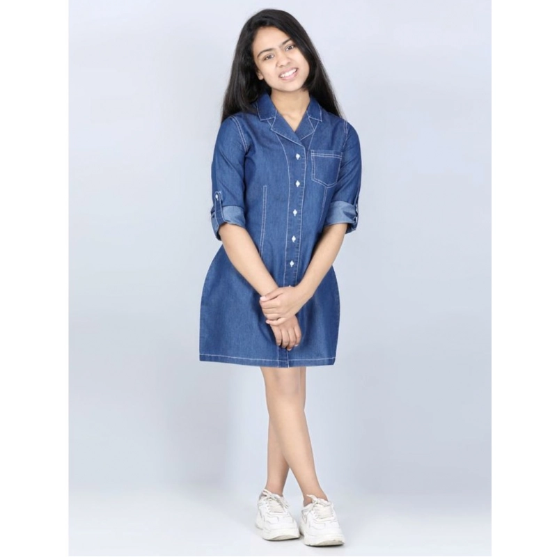 Girl's Denim Solid Long Sleeve Shirt collar Dress (Blue) Girl's Denim Solid Long Sleeve Shirt collar Dress (Blue)