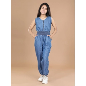 Generic Girl's Denim Solid Shoulder Straps V-Neck Dress (Blue)