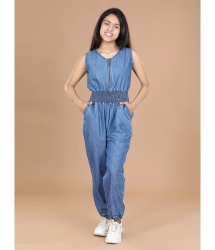 Generic Girl's Denim Solid Shoulder Straps V-Neck Dress (Blue)