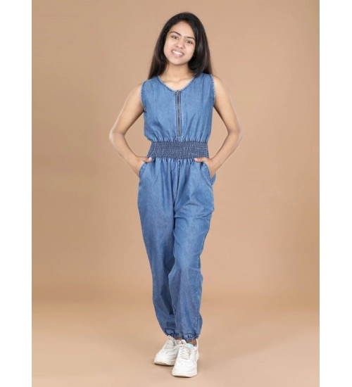 Generic Girl's Denim Solid Shoulder Straps V-Neck Dress (Blue)