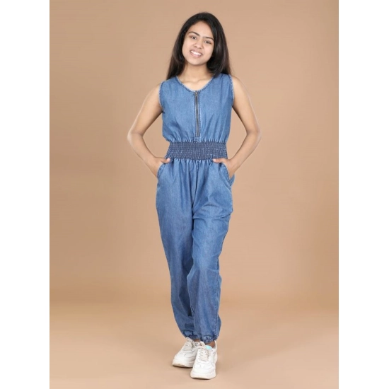 Generic Girl's Denim Solid Shoulder Straps V-Neck Dress (Blue)