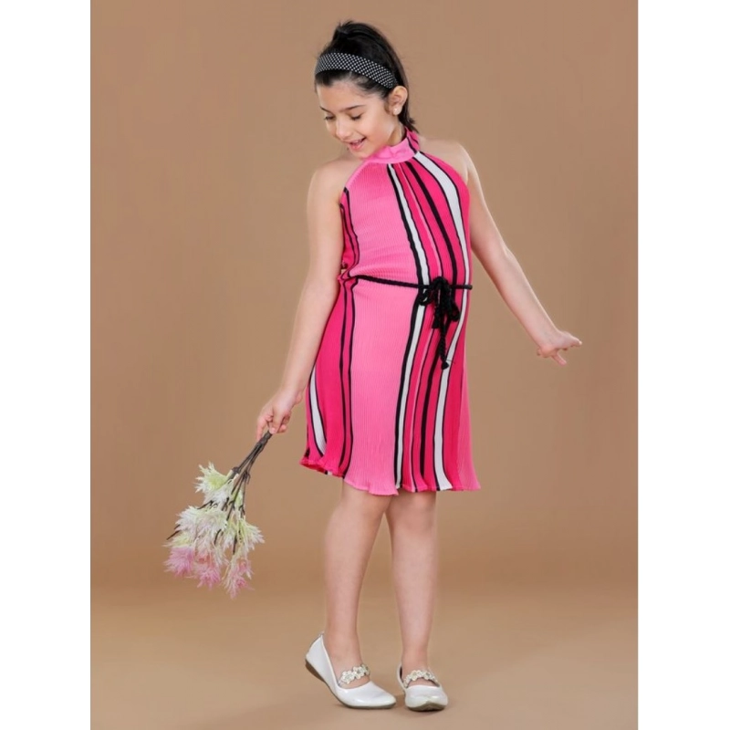 Girl's Polyester Crepe Printed Sleeveless Round Neck Dress (Pink)