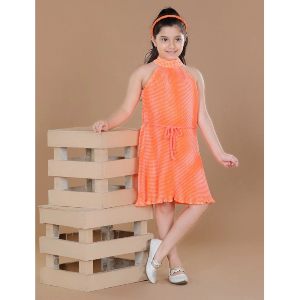 Generic Girl's Polyester Crepe Printed Sleeveless Round Neck Dress (Orange) Generic Girl's Polyester Crepe Printed Sleeveless Round Neck Dress (Orange)