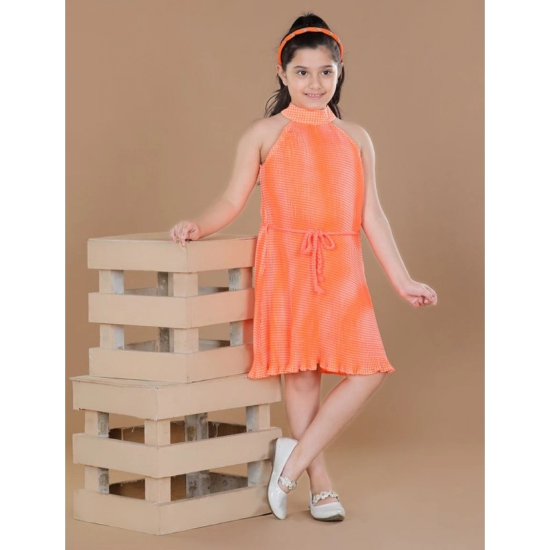 Girl's Polyester Crepe Printed Sleeveless Round Neck Dress (Orange)