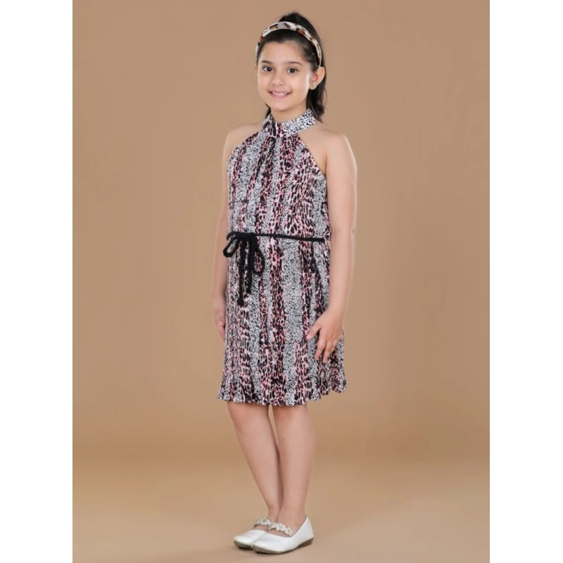 Girl's Polyester Crepe Printed Sleeveless Round Neck Dress (Black-Pink)