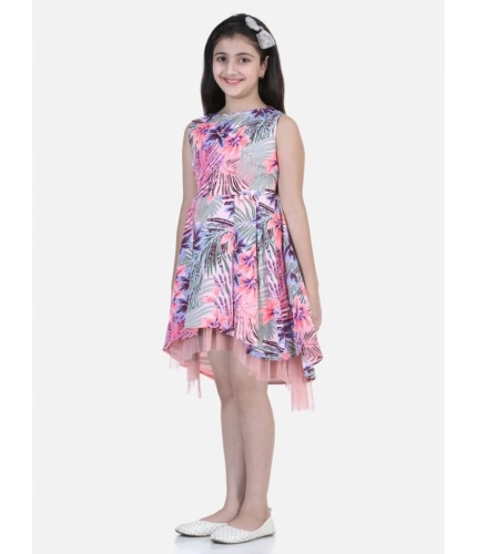 Generic Girl's Polyester Crepe  Net Printed Sleeveless Round Neck Dress (Pink-Blue)