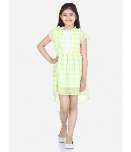 Generic Girl's Polyester Chiffon Solid Short Sleeve Round Neck Dress (Lime Green)