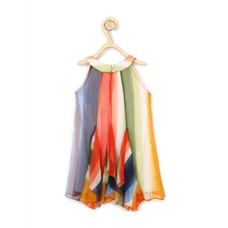 Girl's Chiffon Graphic Sleeveless Round Neck Dress (Orange)