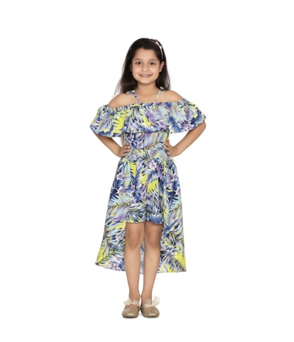 Generic Girl's Polyester Moss Printed Off Shoulder Straps Dress (Blue)