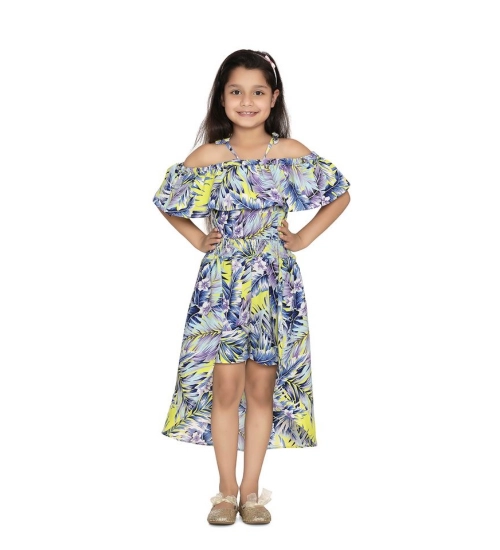 Generic Girl's Polyester Moss Printed Off Shoulder Straps Dress (Blue)