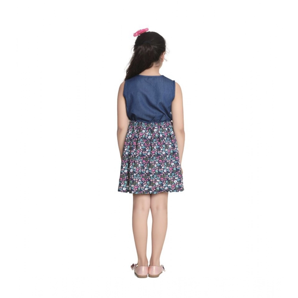 Generic Girl's Denim-Rayon Floral Printed Sleeveless Round Neck Dress (Navy Blue) Generic Girl's Denim-Rayon Floral Printed Sleeveless Round Neck Dress (Navy Blue)