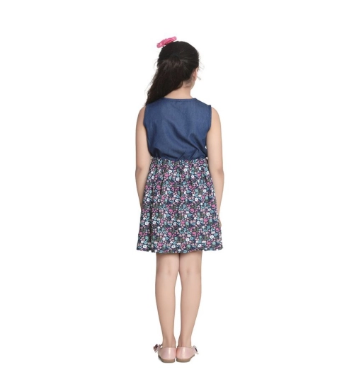 Generic Girl's Denim-Rayon Floral Printed Sleeveless Round Neck Dress (Navy Blue)
