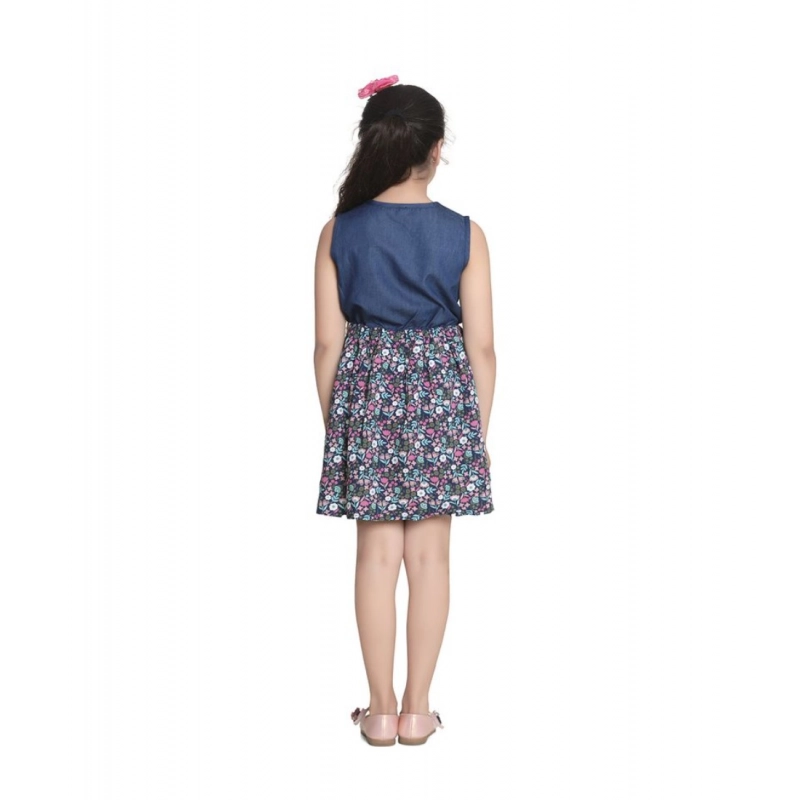 Girl's Denim-Rayon Floral Printed Sleeveless Round Neck Dress (Navy Blue)
