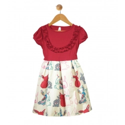 Generic Girl's Cotton Printed Short Sleeve Round Neck Dress (Red-White)