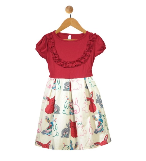 Generic Girl's Cotton Printed Short Sleeve Round Neck Dress (Red-White)