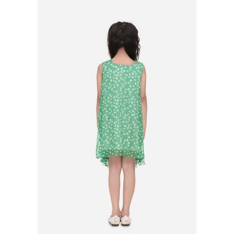 Girl's Chiffon Ruffled Sleeveless Round Neck Dress (Green)