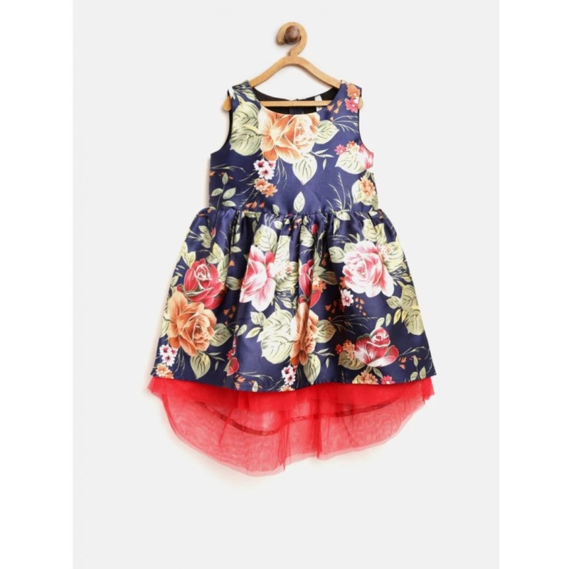 Girl's Polyester Net Net Inset Sleeveless Round Neck Dress (Navy Blue) Girl's Polyester Net Net Inset Sleeveless Round Neck Dress (Navy Blue)