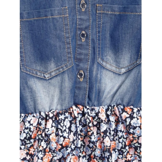 Generic Girl's Denim-Cotton Striped Flutter Shirt Collar Dress (Multicolor)