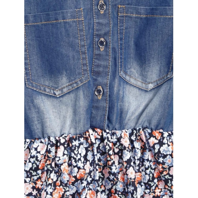 Girl's Denim-Cotton Striped Flutter Shirt Collar Dress (Multicolor)