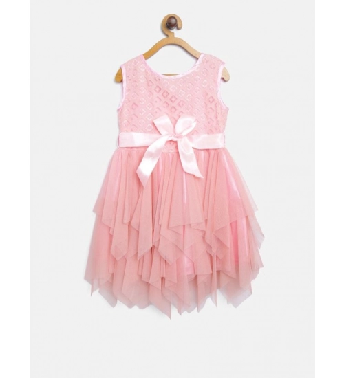 Generic Girl's Polyester  Net Embroidered Sleeveless Round Neck Dress (Peach)