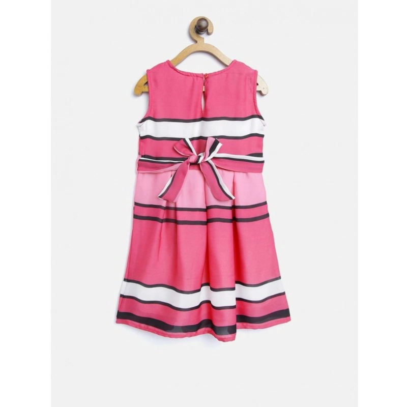 Girl's Satin Striped Sleeveless Round Neck Dress (Pink)